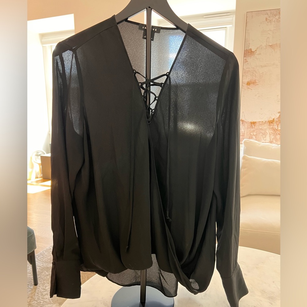 Trouve Black Sheer Lace-Up Blouse Size Large